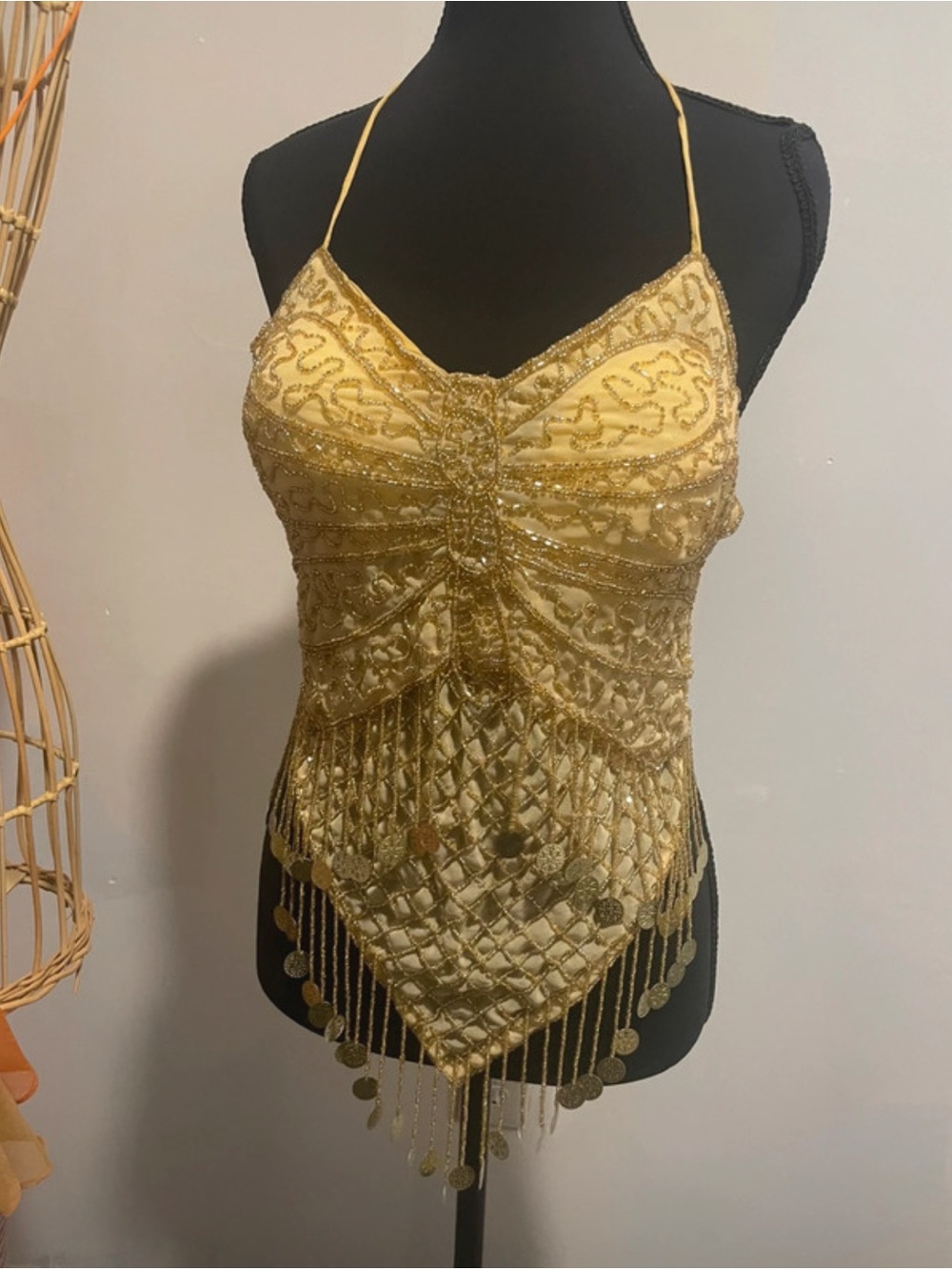 Gold Beaded Fringe Halter Top